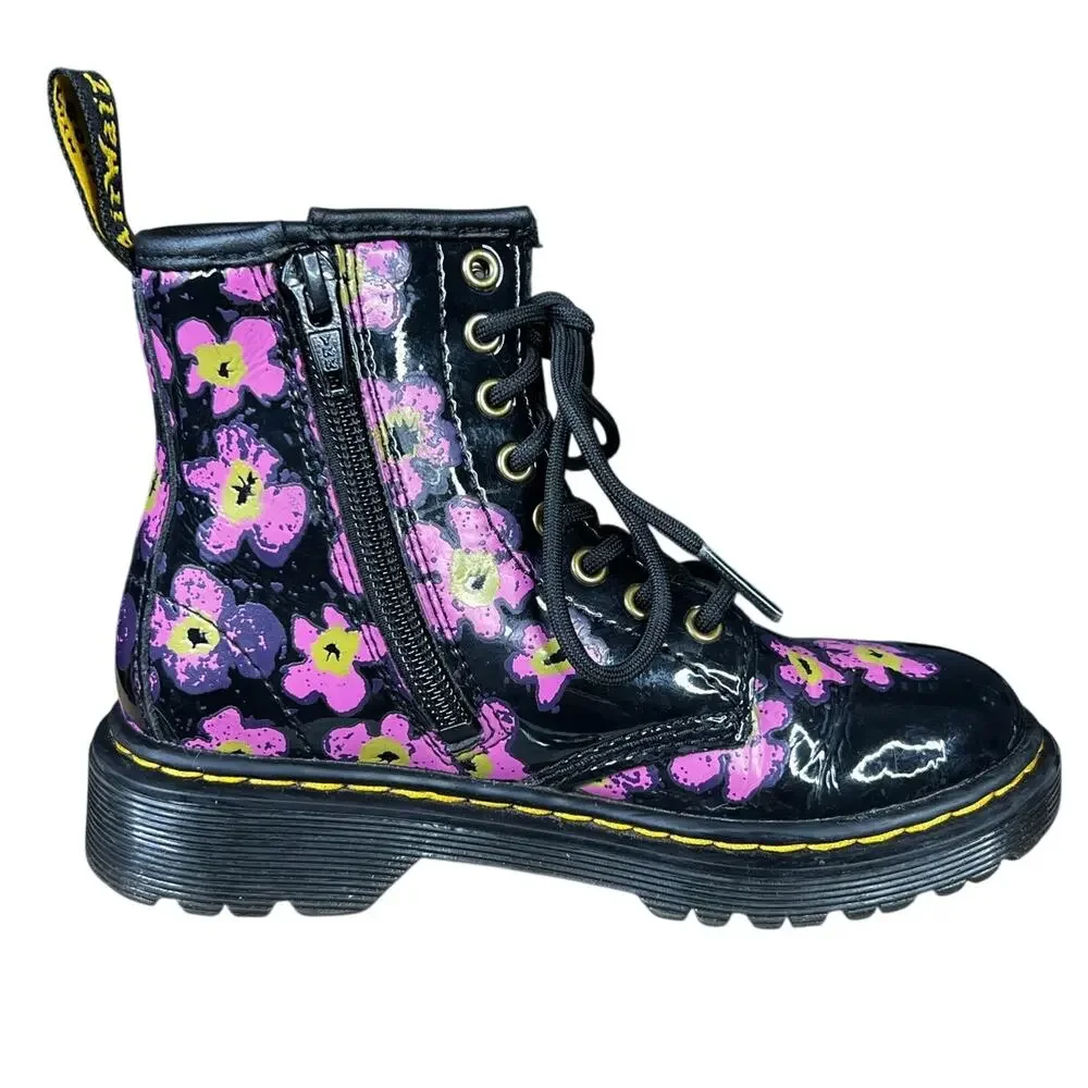 Dr. Martens Toddler Floral Black Patent Leather Combat Boots Size US 12